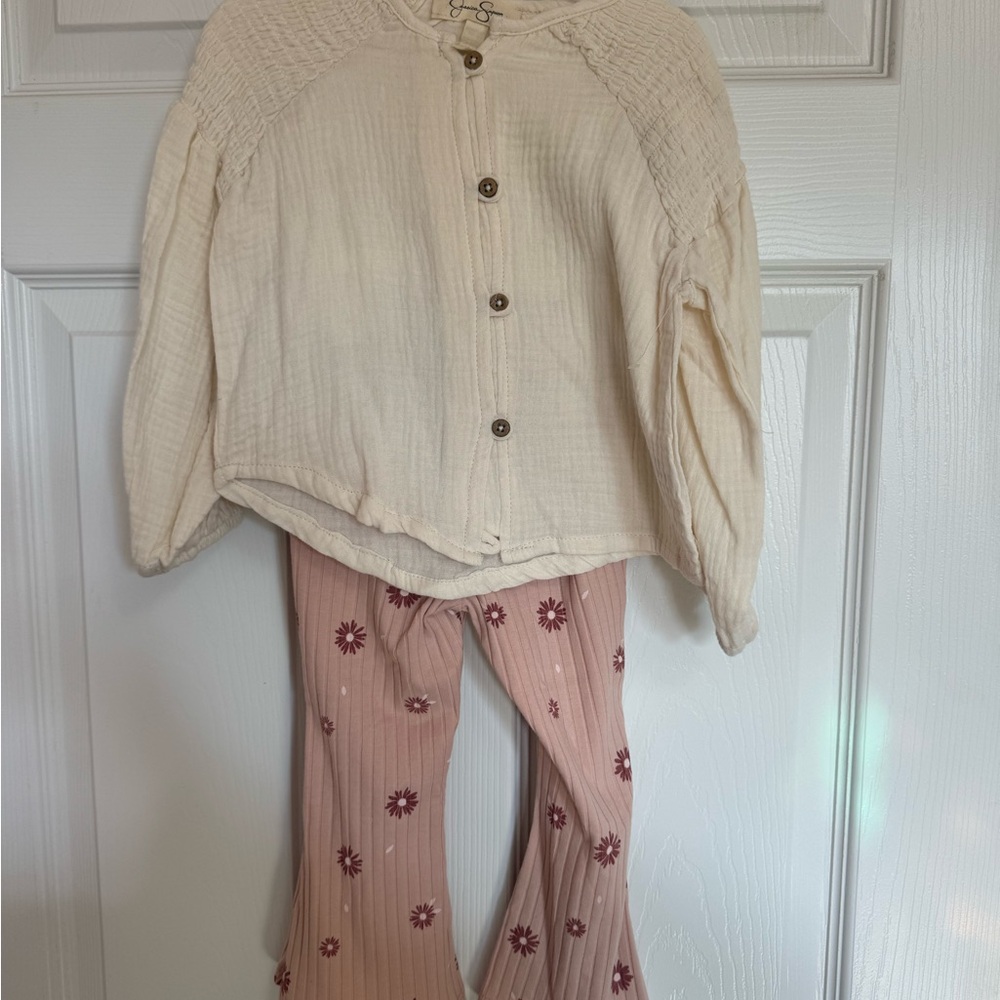 Cream Button-Up Top and Pink Floral Pants Set